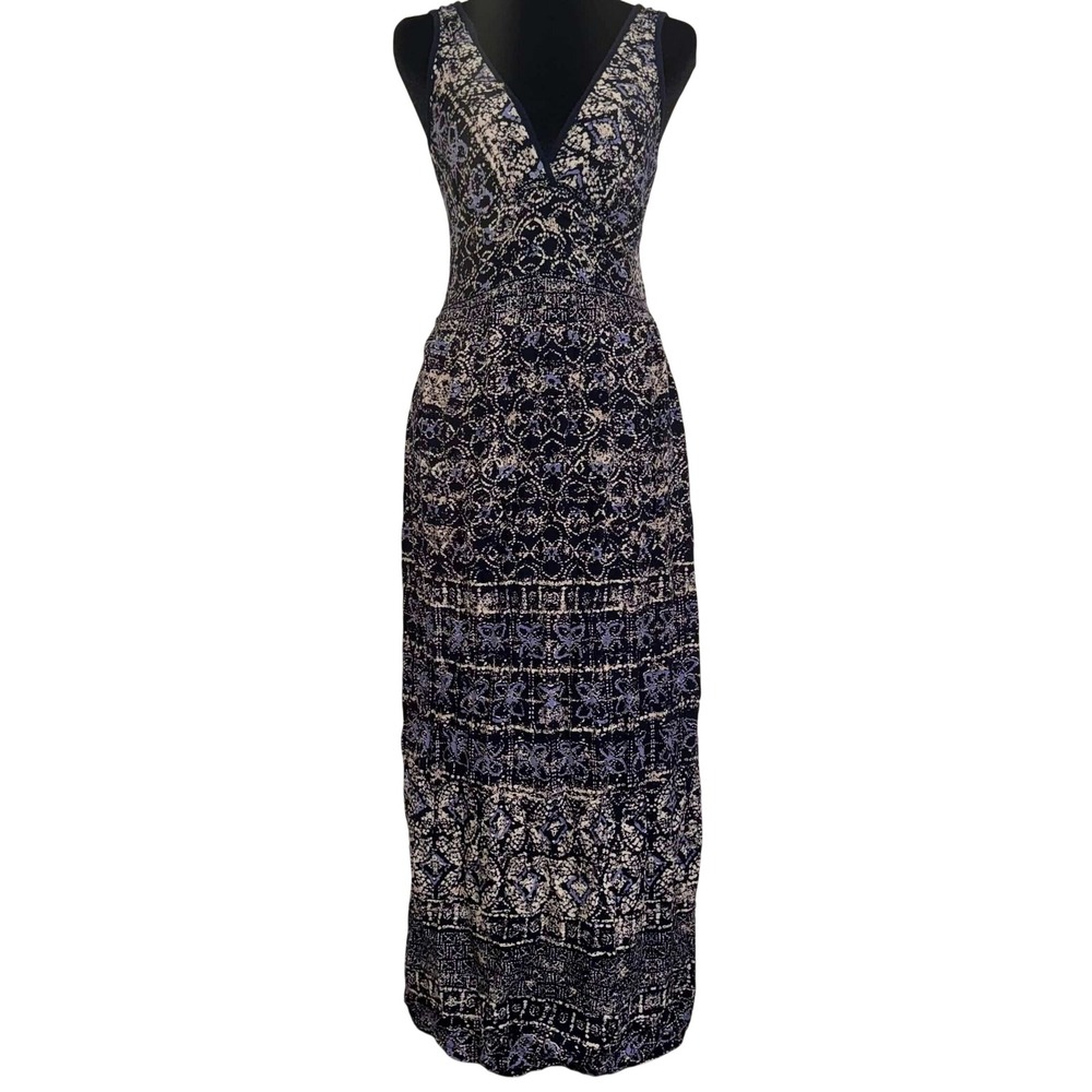 Angie Maxi Dress Navy Blue Coastal Boho Paisley Smocked Waist Sleeveless Small